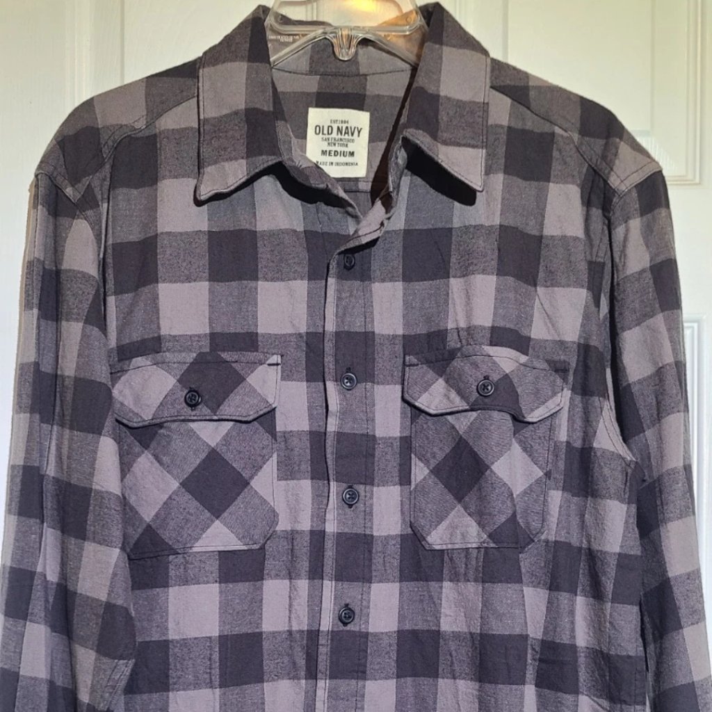New! Old Navy Gray Plaid 100% Cotton Flannel Ls Shirt Men's Size Medium